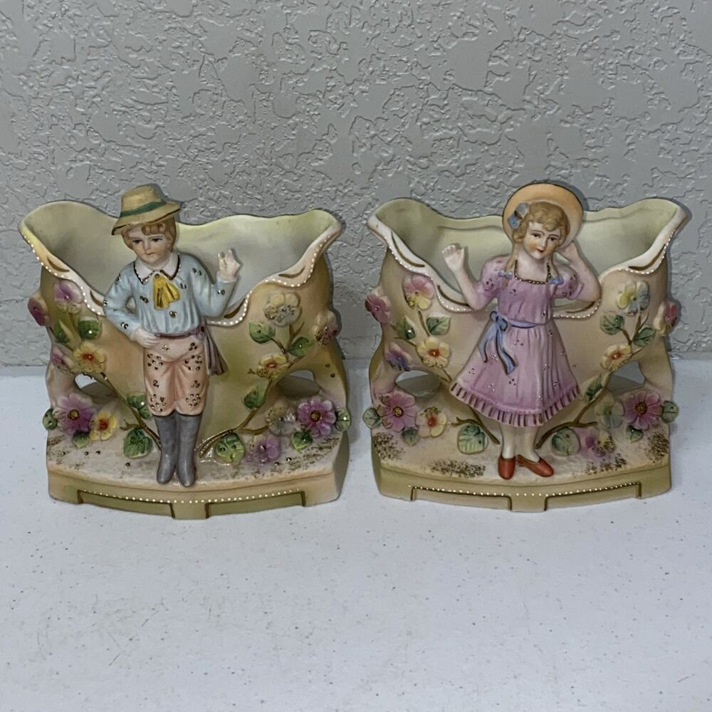VTG Moriyama China Flower Vase Planter Bisque Set Of‎ 2 Boy Girl Occupied Japan